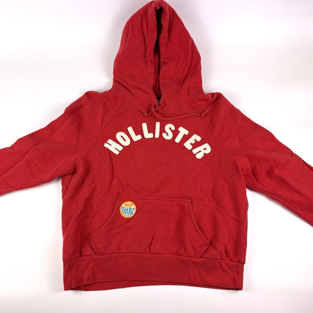 VTG Y2K Hollister Hoodie Womens Sz XL Red Spell Out Surf Team Distressed Preppy